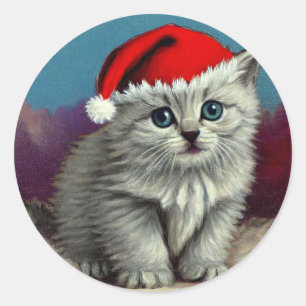 Vintage Christmas Cat in Santa Hat Classic Round Sticker