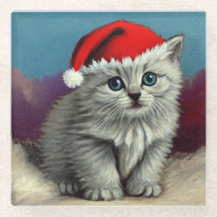 Vintage Christmas Cat in Santa Hat Glass Coaster