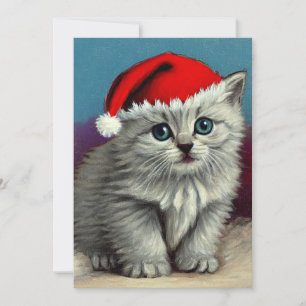 Vintage Christmas Cat in Santa Hat Holiday Card