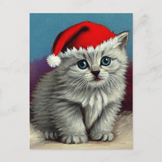Vintage Christmas Cat in Santa Hat Holiday Postcard (Front)