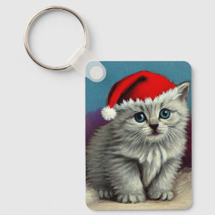 Vintage Christmas Cat in Santa Hat Key Ring
