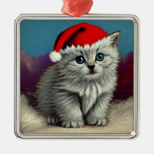 Vintage Christmas Cat in Santa Hat Metal Tree Decoration