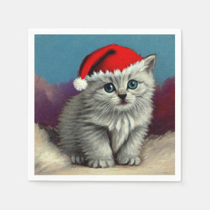 Vintage Christmas Cat in Santa Hat Napkin