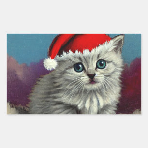 Vintage Christmas Cat in Santa Hat Rectangular Sticker
