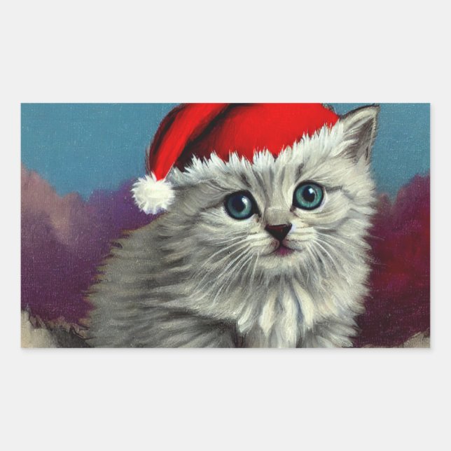 Vintage Christmas Cat in Santa Hat Rectangular Sticker (Front)