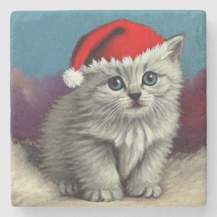 Vintage Christmas Cat in Santa Hat Stone Coaster