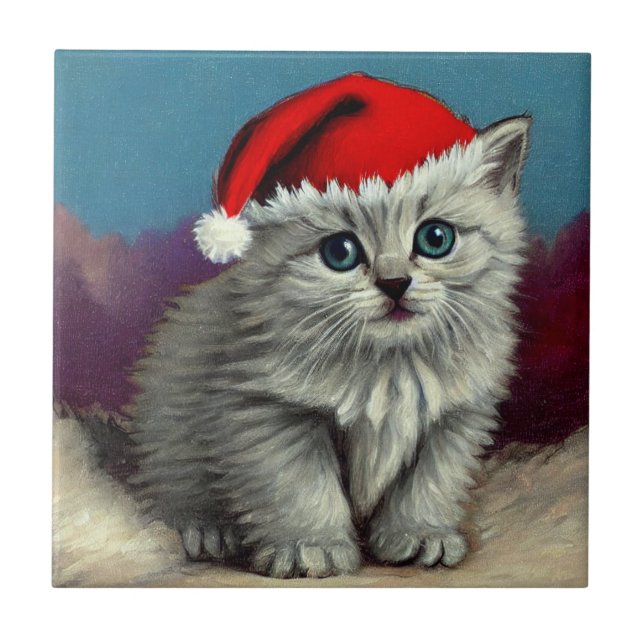 Vintage Christmas Cat in Santa Hat Tile (Front)