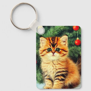 Vintage Christmas Cat Key Ring