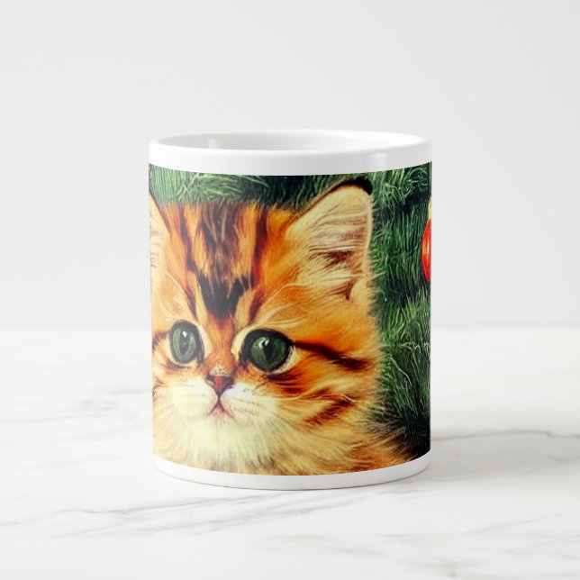 Vintage Christmas Cat Large Coffee Mug (Front)