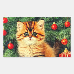Vintage Christmas Cat Rectangular Sticker