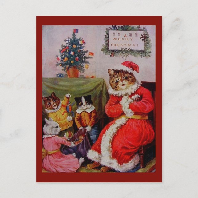 Vintage Christmas Cat Santa & Kitten Kids copy Postcard (Front)
