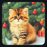 Vintage Christmas Cat Square Sticker<br><div class="desc">Stickers featuring a vintage Christmas cat! An orange kitty with black stripes sits in the snow. Behind the cat is a Christmas tree with red and yellow ornaments. Also on the snow is a red present. A perfect gift for the Christmas season and cat lovers!</div>