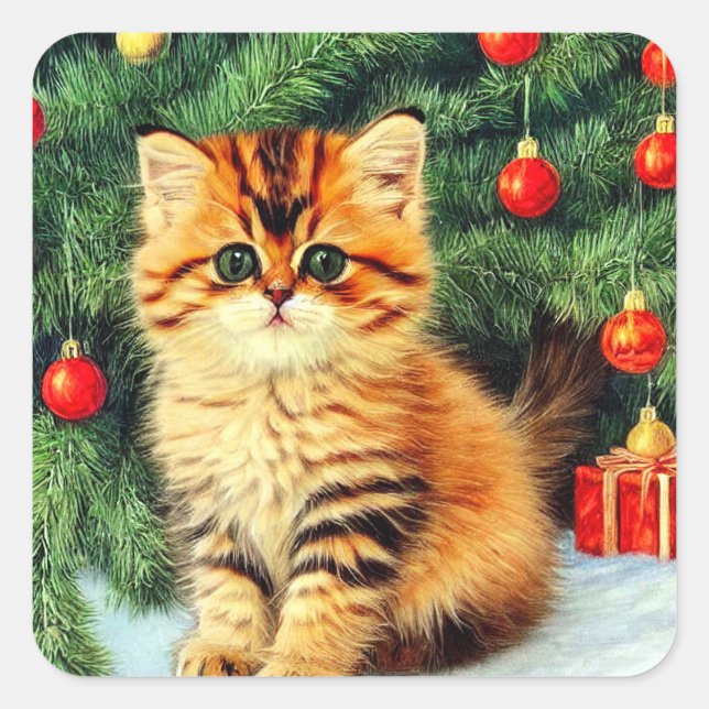 Vintage Christmas Cat Square Sticker (Front)