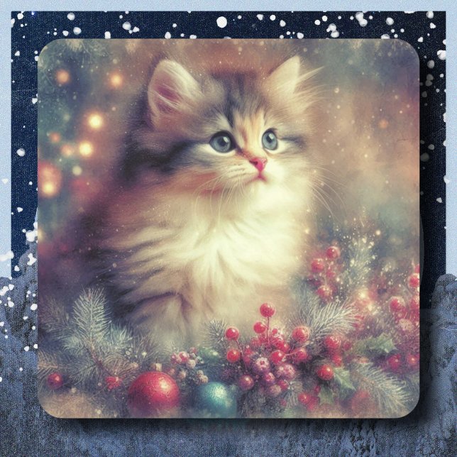 Vintage Christmas Cat Square Sticker (Creator Uploaded)
