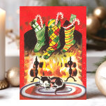 Vintage Christmas Cat Stockings Fireplace Holiday Card<br><div class="desc">Send warm holiday wishes with this charming vintage Christmas card featuring a cosy fireplace scene. The design showcases a cute cat sleeping by the fire with festive stockings hanging above. This nostalgic holiday card captures the essence of a classic Christmas, bringing a sense of warmth and comfort to your seasonal...</div>