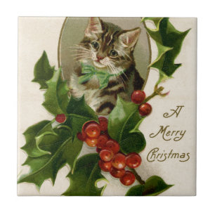 Vintage Christmas Cat Tile