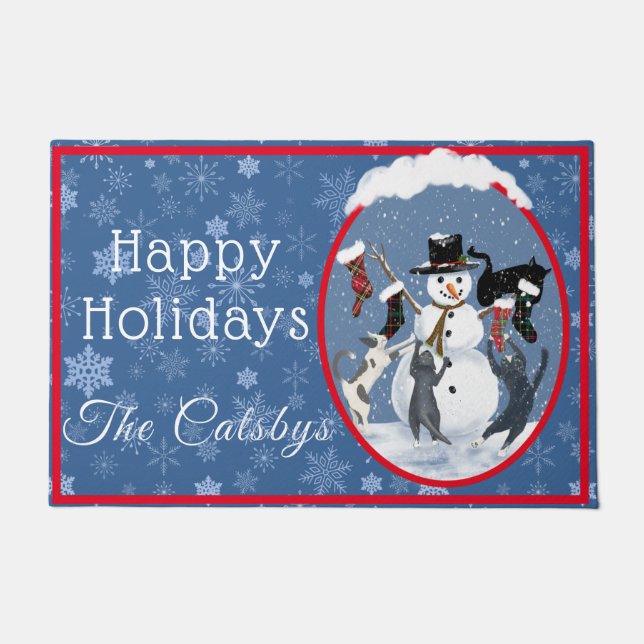 Vintage Christmas Cats and Snowman Custom  Doormat (Front)