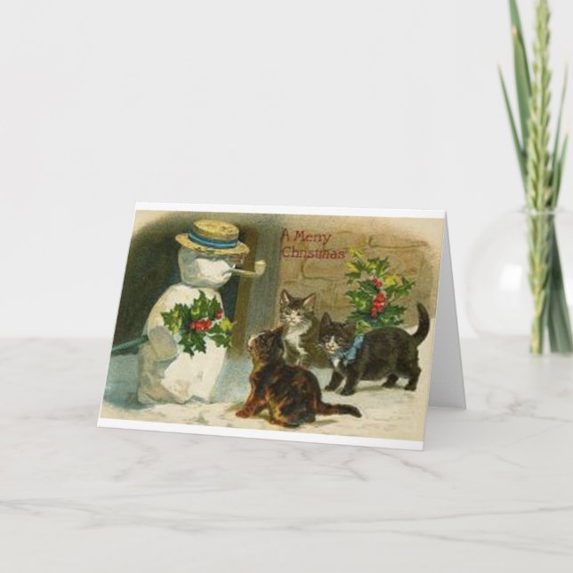 Vintage Christmas Cats and Snowman Greeting Card (Front)