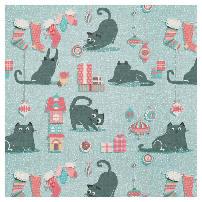 Vintage Christmas cats Fabric (Close Up)