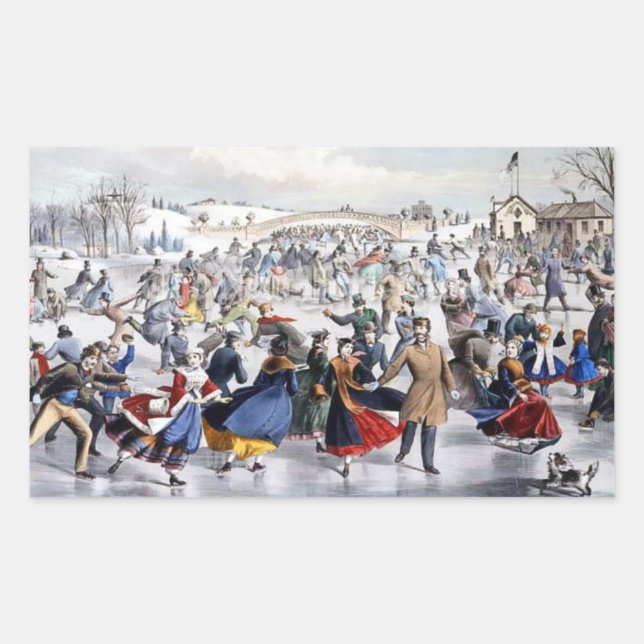 Vintage Christmas Central Park Ice Skaters Rectangular Sticker (Front)
