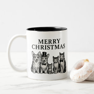 Vintage Christmas Charming Corgi Couple Three Cats Two-Tone Coffee Mug