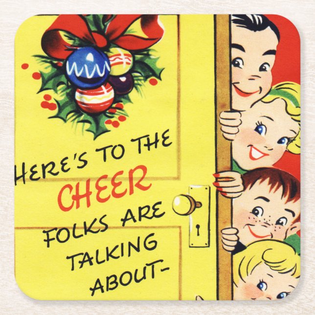 Vintage Christmas Cheer Square Paper Coaster (Front)