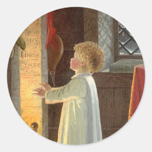 Vintage Christmas, Child Warming by the Fireplace Classic Round Sticker