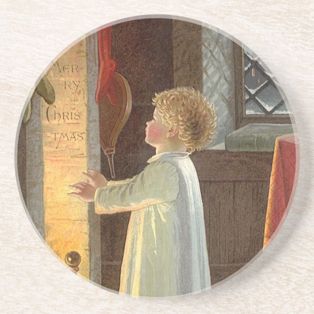Vintage Christmas, Child Warming by the Fireplace Coaster (Front)