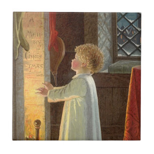 Vintage Christmas, Child Warming by the Fireplace Tile