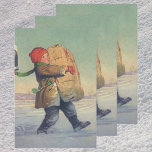 Vintage Christmas, Child with Large Package Wrapping Paper Sheet<br><div class="desc">Vintage illustration Merry Christmas holiday image featuring a young boy carrying a package with Christmas presents and gifts from the mailbox through the snow in winter. The boy wearing a red hat and green scarf.</div>