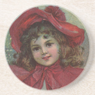 Vintage Christmas child with red Victorian Dress Coaster