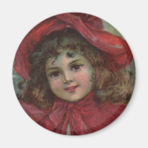 Vintage Christmas child with red Victorian Dress Magnet