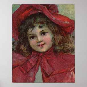 Vintage Christmas child with red Victorian Dress Poster