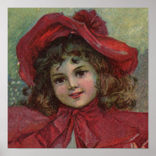 Vintage Christmas child with red Victorian Dress Poster