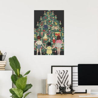 Vintage Christmas Children Around a Decorated Tree Poster