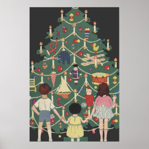 Vintage Christmas Children Around a Decorated Tree Poster