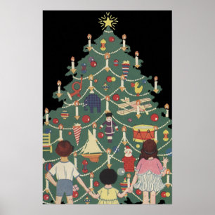 Vintage Christmas Children Around a Decorated Tree Poster