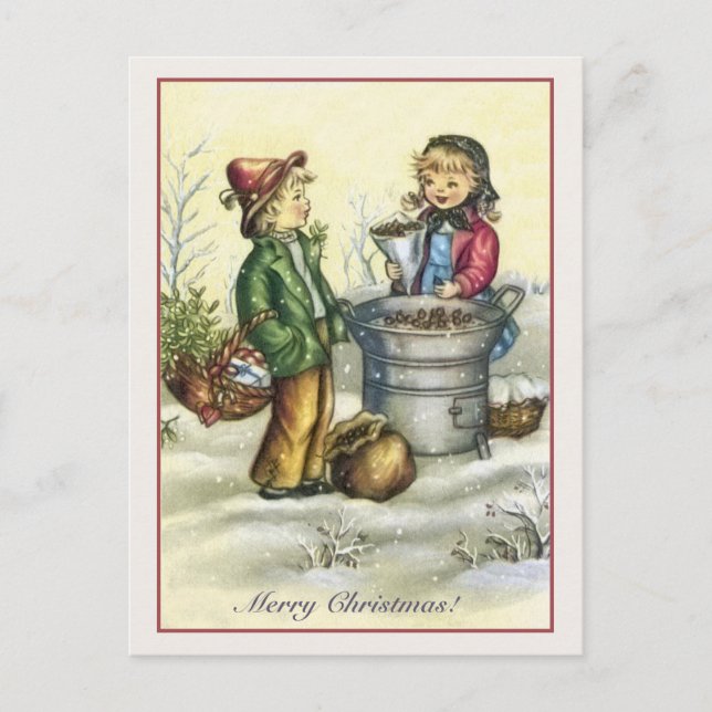 Vintage Christmas children chestnuts Holiday Postcard (Front)