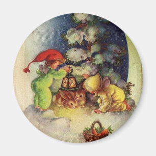 Vintage Christmas Children Feeding Bunnies Magnet