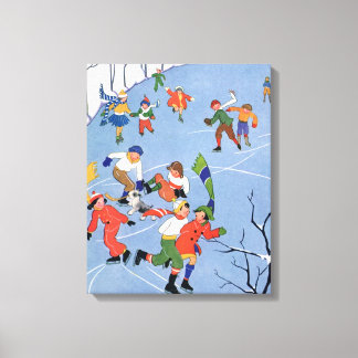 Vintage Christmas, Children Ice Skating on a Lake Canvas Print