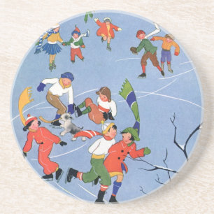 Vintage Christmas, Children Ice Skating on a Lake Coaster