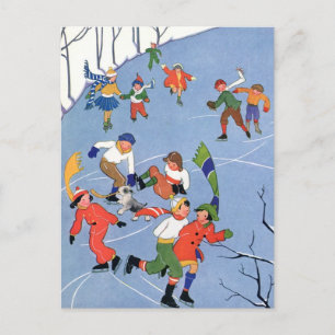 Vintage Christmas, Children Ice Skating on a Lake Holiday Postcard