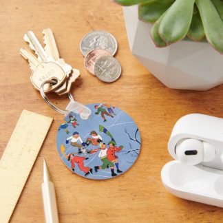 Vintage Christmas, Children Ice Skating on a Lake Key Ring
