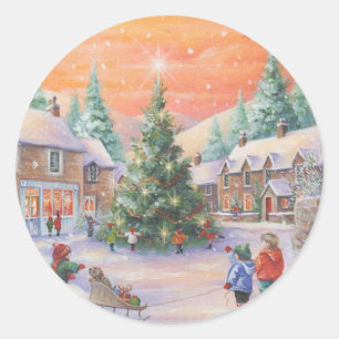 Vintage Christmas Children In The Snow Classic Round Sticker