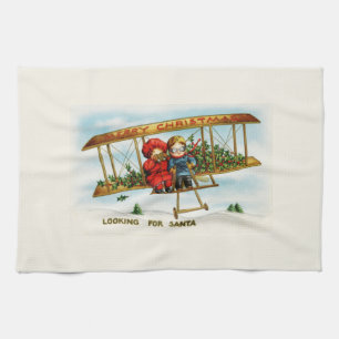 Vintage Christmas Children Looking For Santa Tea Towel