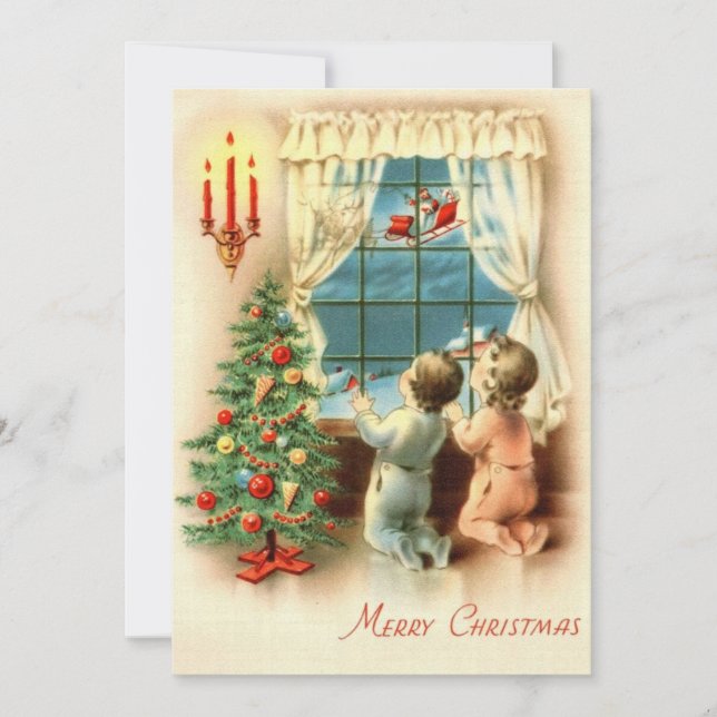 Vintage Christmas Children See Santa Holiday Card (Front)