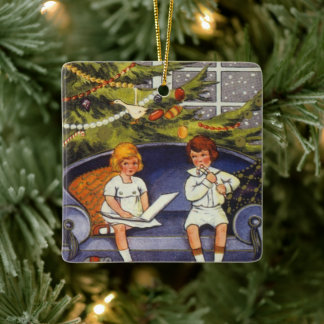 Vintage Christmas, Children Sitting on a Couch Ceramic Ornament