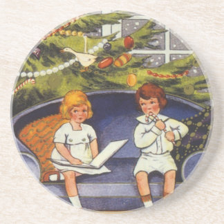 Vintage Christmas, Children Sitting on a Couch Coaster