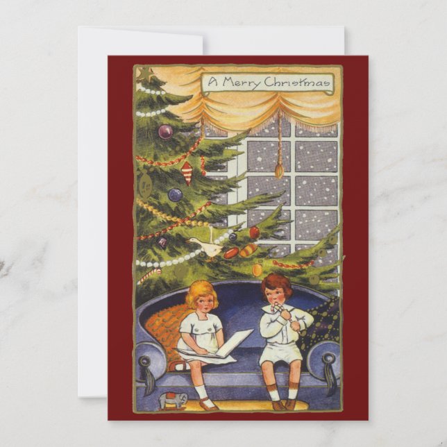 Vintage Christmas, Children Sitting on a Couch Invitation (Front)
