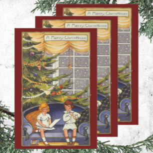 Vintage Christmas, Children Sitting on a Couch Wrapping Paper Sheet